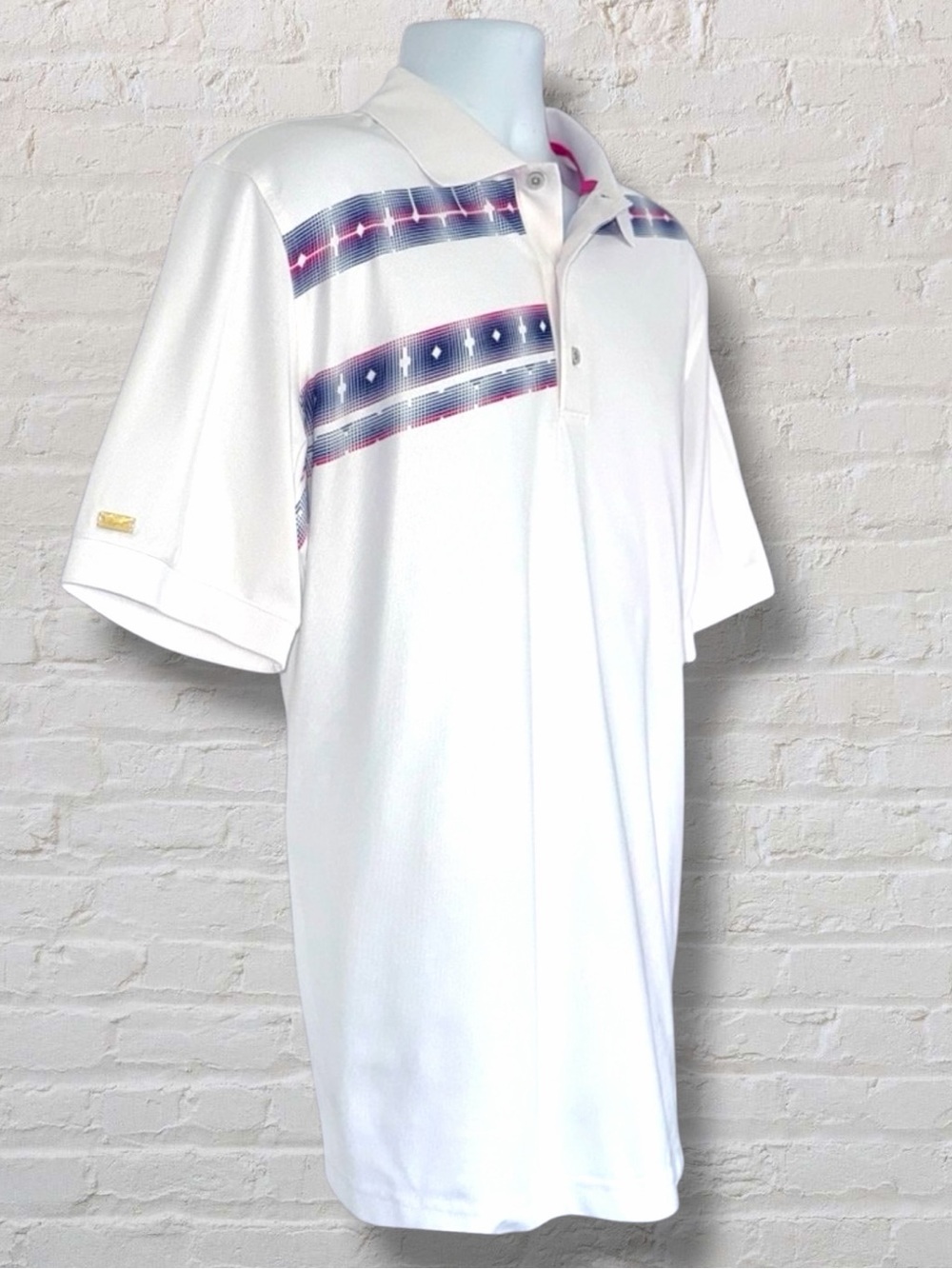 Greg Norman PlayDry White Golf Polo Shirt Large – Geometric Stripe Performance